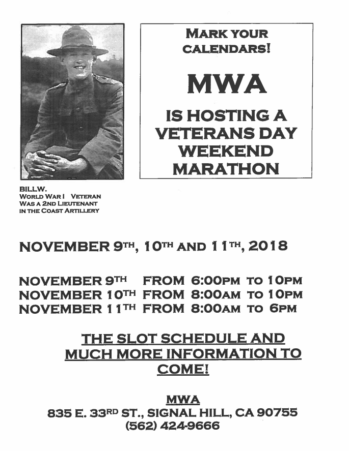Veterans Day AA Meeting Marathon, at MWA - Flyer 2018