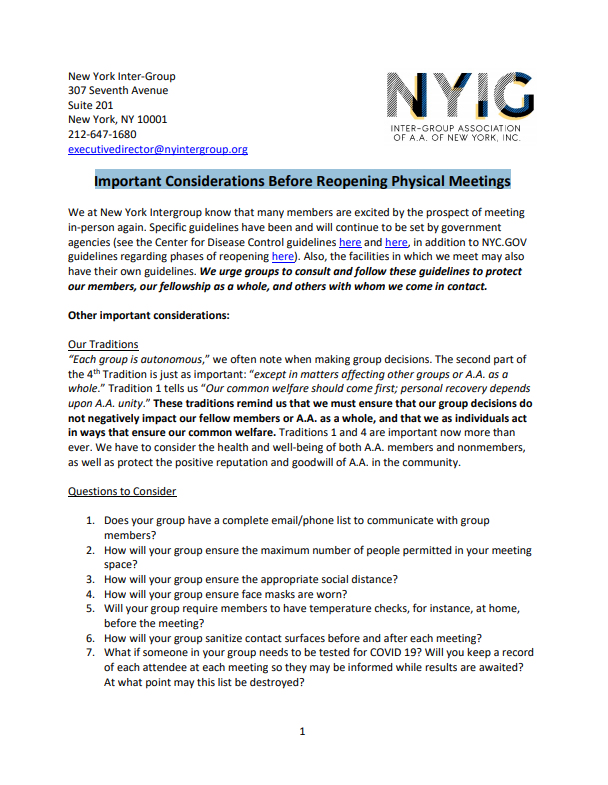 Reopening Meetings After COVID-19 Questions and Guidelines from NY Intergroup